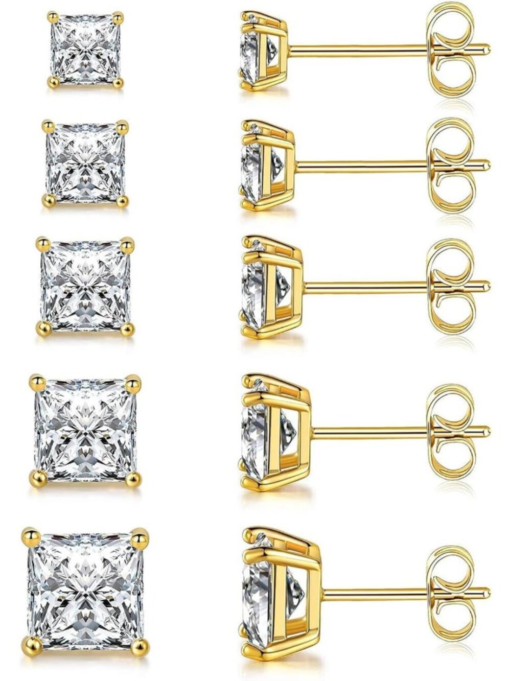18K Gold Plated CZ Stud Earrings Set of 5 - Elegant Women's Jewelry Collection